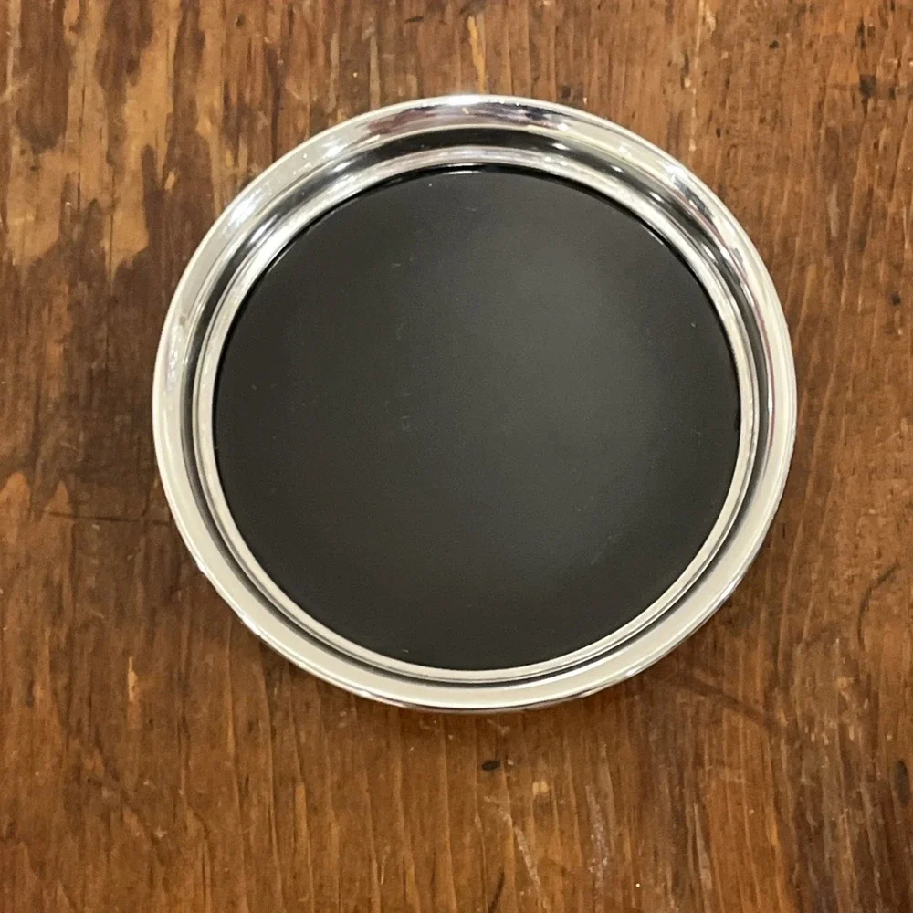 2 Vintage Unmarked Sterling Silver Round Drink Coasters Black Formica Center 3.5
